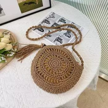 Плетеная из ротанга женская соломенная сумка через плечо, маленький клатч и сумочка, летняя пляжная сумка, женская сумка-мессенджер с кисточками 28cm*7cm*25cm бежевый