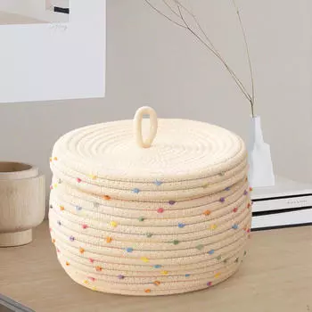 Плетеная круглая корзина для хранения из хлопковой веревки с крышкой, организующая милые декоративные вещи