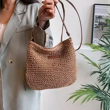 Плетеная летняя модная соломенная сумка для пляжного отдыха, сумка через плечо для шопинга, большая вместимость, сумка-мессенджер для женщин 29x6x23cm бежевый
