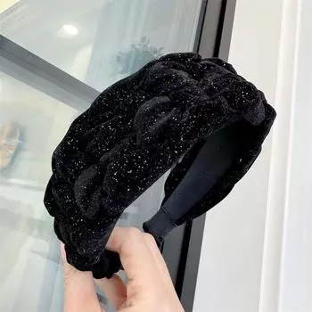 Плетеная повязка на голову из золотого бархата, черная с золотым тиснением, элегантный широкий дизайн для создания привлекательного образа с высоким черепом