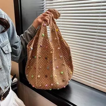 Плетеная повседневная женская сумка через плечо с бисером, новая модная и универсальная сумка-тоут, сумка для шопинга белый