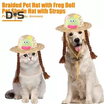 Плетеная шляпа для домашних животных Соломенная тканая шляпа для собак Регулируемая летняя теневая шляпа для домашних животных с милой куклой-лягушкой Платье для домашних животных Опора Головной убор для прогулок L
