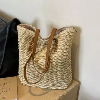 Плетеная соломенная пляжная сумка ручной работы, большая вместительная сумка через плечо для женщин, дорожные сумки из рафии для летнего отдыха, повседневные сумки 32*14*33cm хаки