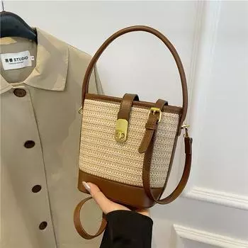 Плетеная соломенная сумка-ведро для женщин, летняя пляжная сумка через плечо, маленькая сумка через плечо, винтажная сумка-тоут, сумки бежевый