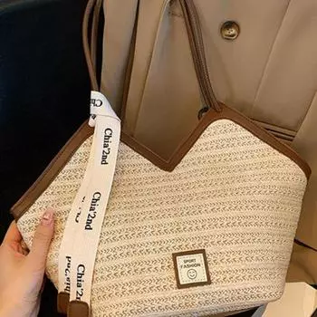 Плетеная соломенная сумка женская большая вместительная летняя сумка через плечо для пляжного отдыха сумка-тоут для поездок на работу коричневый/белый