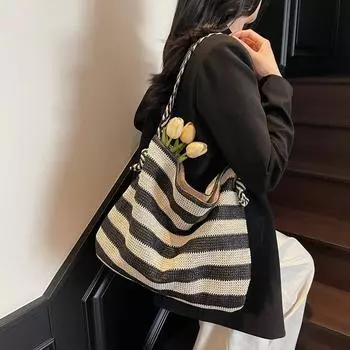 Плетеная соломенная сумка женская большая вместительная сумка через плечо Class Commuter Tote Bag хаки