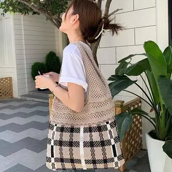 Плетеная сумка, ажурная вязаная сумка, модная клетчатая сумка большой емкости, ретро-сумка, женская сумка через плечо абрикосовый
