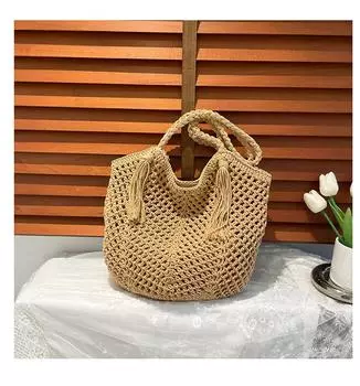 Плетеная сумка большой вместимости 2025 новая полая соломенная сумка сумка через плечо отпуск пляжная сумка тоут женская сумка хаки