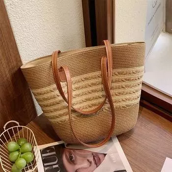 Плетеная сумка из плетеной соломы Женская 2025 Новое поступление Большая вместимость Универсальная сумка-мессенджер для поездок на работу Модная пляжная сумка Сумка-тоут Khaki