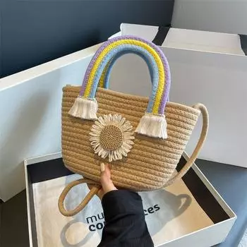 Плетеная сумка из травы, новинка 2024, повседневная и универсальная маленькая круглая сумка в стиле ретро, пляжная плетеная сумка из ротанга, пляжная пасторальная плетеная сумка