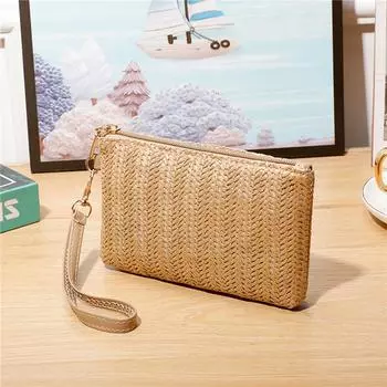 Плетеная сумка, модная женская сумка-клатч на запястье, женская повседневная сумка для денег и телефона, сплошной соломенный плетеный кошелек для монет, пляжный кошелек, сумка для карт