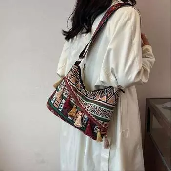 Плетеная сумка с бахромой, сумка через плечо, большая вместимость, сумка-тоут в стиле бохо, этнические сумки через плечо, сумки для отдыха на природе Style B