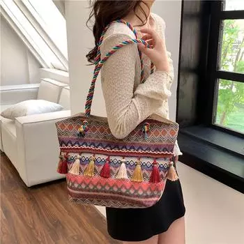 Плетеная сумка-тоут с кисточками в национальном стиле 2024 г.: Универсальная, вместительная модная сумка через плечо для женщин оранжевый