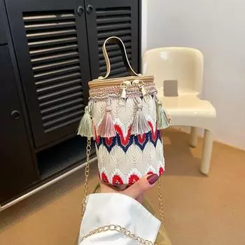 Плетеная сумка в этническом стиле для женщин 2024 года, новая цветная сумка-ведро с бахромой, модная сумка-ведро в стиле Харадзюку, простая переносная сумка с косой цепочкой розовый