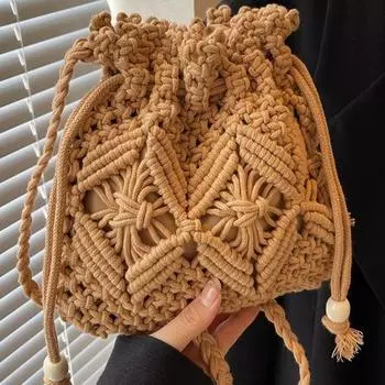 Плетеная сумка в этническом стиле в стиле бохо, повседневная универсальная сумка-ведро через плечо, пляжная сумка для отдыха хаки
