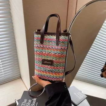 Плетеная сумка в клетку женская летняя 2024 новая модная ретро литературная соломенная сумка универсальная сумка-ведро через одно плечо разноцветный
