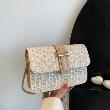 Плетеная сумка женская 2024 новый тренд модная простая маленькая свежая сумка через плечо с цепочкой иностранный стиль плетеная соломенная сумка чёрный