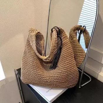 Плетеная сумка женская 2025 новая мода стиль морского отдыха соломенная сумка большой вместимости повседневная сумка-тоут для работы Khaki delivery tassel pendant