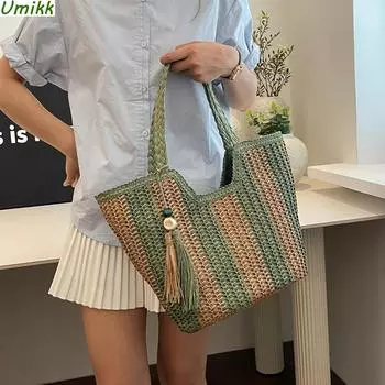 Плетеная сумка женская летняя вязаная сумка через плечо ручной работы большая вместимость женские плетеные сумки-тоут с кисточкой женская пляжная сумка