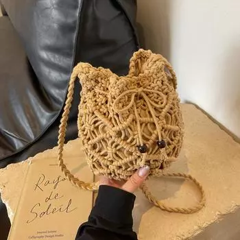 Плетеная сумочка, модная, в стиле бохо, ажурная, ручная работа, сумка-ведро через плечо, летняя пляжная сумка, вязаный чехол для телефона 18*10*21cm белый