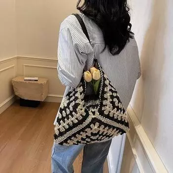 Плетеная женская соломенная сумка, большая вместимость, сумка через плечо чёрный