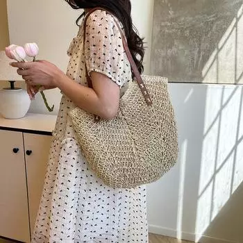 Плетеная женская сумка-тоут, большая вместимость, пляжная сумка для отдыха бежевый