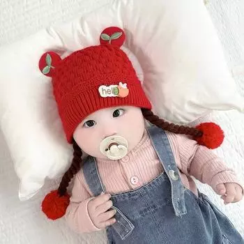 Плетеная зимняя детская шапка, защита ушей, шерстяное вязание, милый парик, детский свитер, теплая шапка, ветрозащита 3-20 months (head circumference 43-47cm)