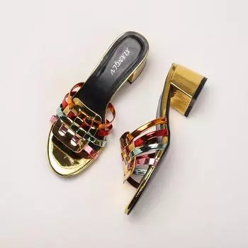 Плетение полые сандалии толстый каблук тапочки женские модные нескользящие наружная одежда универсальные 40 чёрный