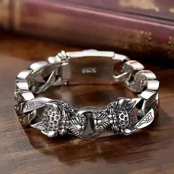 Плетеные браслеты ручной работы с двойной головой леопарда, посеребренные браслеты из бисера для мужчин и женщин, винтажный браслет-цепочка в стиле хип-хоп 18cm