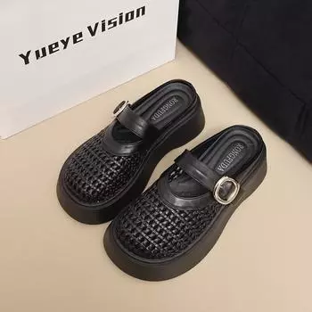 Плетеные полые полушлепанцы с закрытым носком 2025 лето новая универсальная дышащая плоская подошва пляжные дырявые туфли 35 чёрный