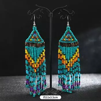 Плетеные вручную богемные серьги, серьги с бахромой из длинных рисовых бусин, женские серьги с характером и темпераментом.