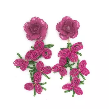 Плетеные вручную серьги с бахромой из бисера и цветов, расписанные вручную, женские серьги розы красного