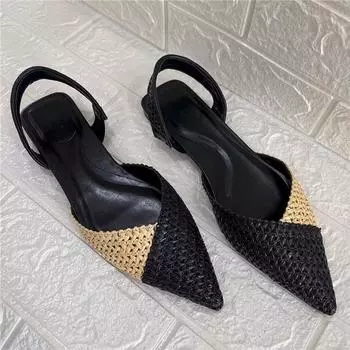 Плетеные женские сандалии, лето 2024, разноцветные туфли на плоской подошве, женские пляжные шлепанцы с острым носком, гладиаторы Sandalias Mujer 42 чёрный