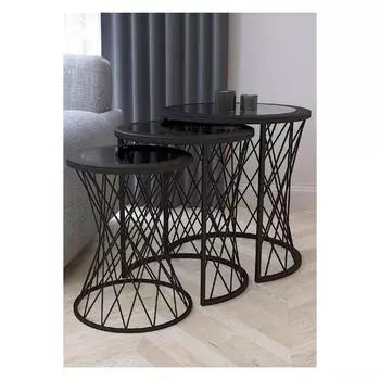 Плетеный 3-местный журнальный столик Nesting, черные ножки, МДФ из дымчатого стекла