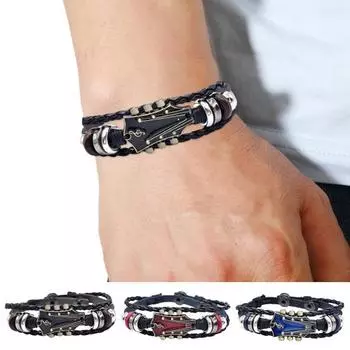 Плетеный браслет-гитара из цинкового сплава с регулируемой пряжкой, ручная плетеная искусственная кожа, 3-слойное панк-ретро украшение на запястье красный