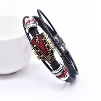 Плетеный браслет-гитара из цинкового сплава с регулируемой пряжкой, ручная плетеная искусственная кожа, 3 слоя чёрный