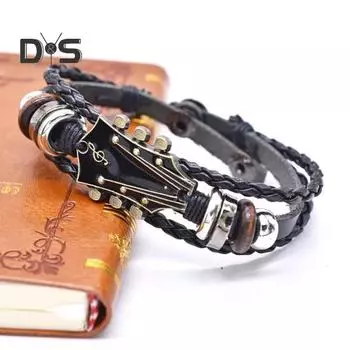 Плетеный браслет-гитара из цинкового сплава с регулируемой пряжкой, ручная плетеная искусственная кожа, 3-слойное панк-ретро украшение на запястье чёрный