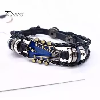 Плетеный браслет-гитара из цинкового сплава с регулируемой пряжкой, ручная плетеная искусственная кожа, 3-слойное панк-ретро украшение на запястье чёрный