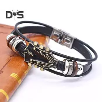 Плетеный браслет-гитара из цинкового сплава с регулируемой пряжкой, ручная плетеная искусственная кожа, 3-слойное ретро-панк-украшение на запястье чёрный