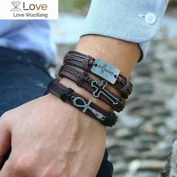 Плетеный браслет ручной работы для мужчин, пеньковая веревка, обмотка, крест, натуральная кожа, браслеты, микс, комбинированные украшения для рук, 6 шт. / комплект 180mm