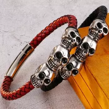Плетеный черный, красный кожаный браслет для мужчин, мужские браслеты из воловьей кожи, панк-рок, готика, нержавеющая сталь 316L, ювелирные изделия с черепом 21cm