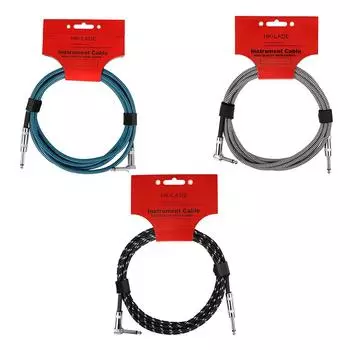 Плетеный гитарный кабель 3 м 6,35 мм инструментальный кабель 1/4 дюйма, прямой и прямоугольный гитарный шнур для гитары, бас-усилителя, микшер-эквалайзер чёрный