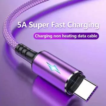 Плетеный кабель для передачи данных 5А с подсветкой, подходящий для зарядного кабеля Apple Android Type-C красный