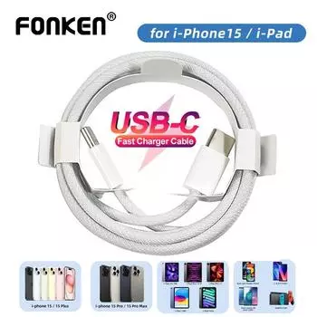 Плетеный кабель Fonken USB-C к Type-C для iPhone 15 Pro Max PD 60 Вт, быстрая зарядка для Xiaomi Samsung, зарядный шнур 1 м 1M белый