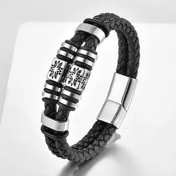 Плетеный кожаный браслет из нержавеющей стали, многослойное мужское украшение из черной натуральной кожи