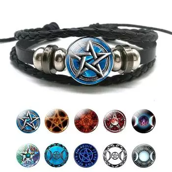 Плетеный кожаный браслет ручной работы, оккультная звезда, пентаграмма, многослойный тройной браслет с подвеской в виде богини Луны, браслет с пентаграммой, ювелирные изделия