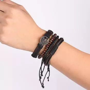 Плетеный кожаный браслет ручной работы с выдолбленным Древом Жизни, многослойный кожаный браслет One Size чёрный