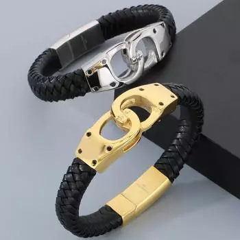 Плетеный кожаный браслет в стиле наручников, мужской браслет из нержавеющей стали 316L, браслет с подвесками для мужчин, золотистого цвета, мужское ювелирное изделие с магнитной застежкой 22CM серебряный