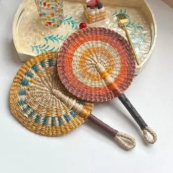 Плетеный соломенный веер, летний охлаждающий веер из травы, плетеный вручную веер, скандинавские подвесные украшения для спальни, свадебной вечеринки, домашнего декора