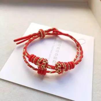 Плетеный вручную двухслойный ремешок для переноски с цветками персика, носимый, с золотыми бусинами на удачу, плетеный шнур, полуфабрикат для DIY, женский браслет для подруг 24cm 04. [Ping An Red] Double Layer